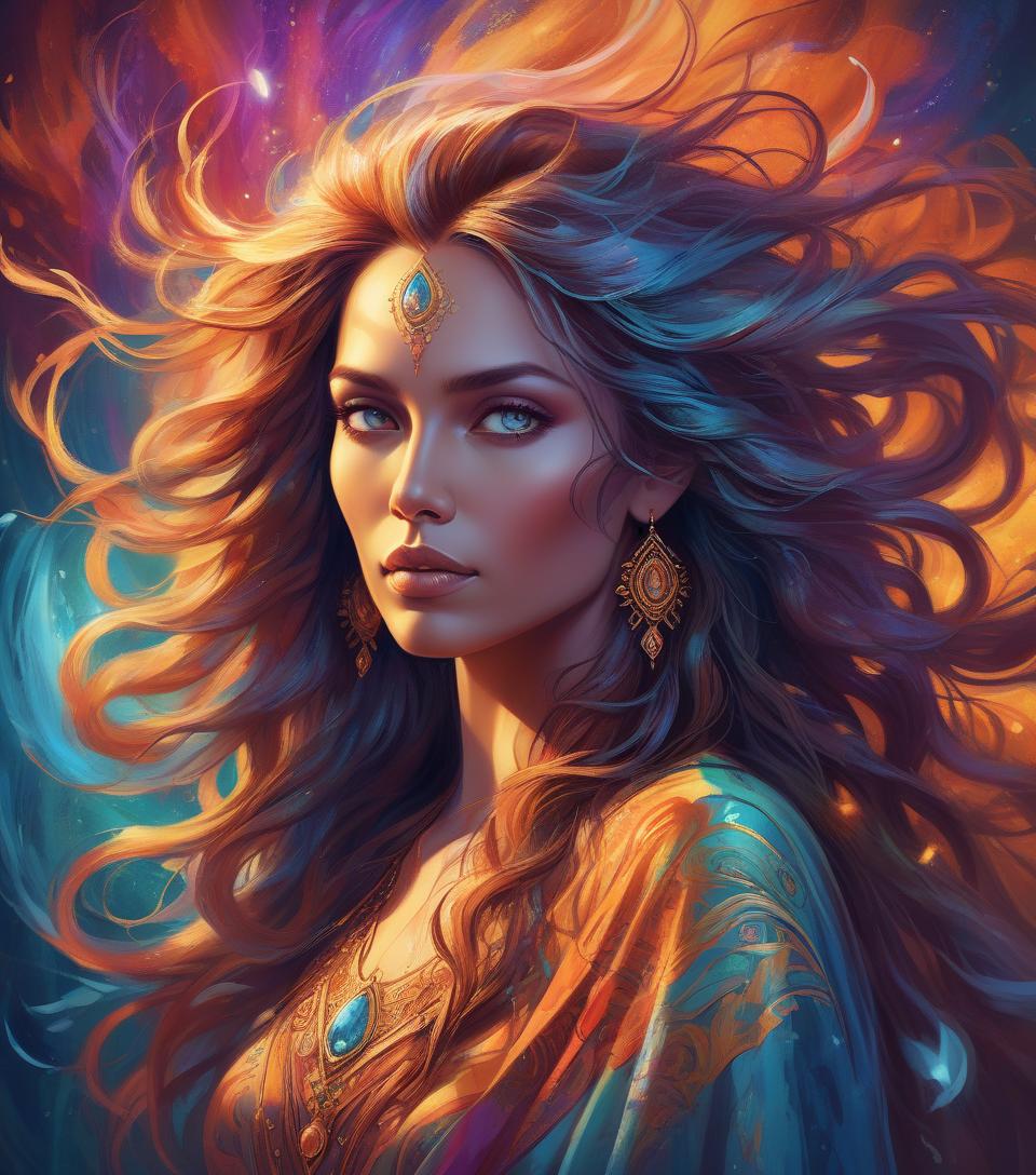  <mymodel>detailed digital painting of a powerful woman, vibrant colors, magical fantasy setting, flowing hair with intricate details, intense and confident expression, ethereal and mystical atmosphere, high quality, digital painting, fantasy, vibrant colors, flowing hair, powerful, confident, mystical, atmospheric lighting