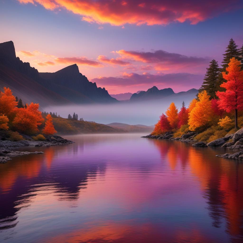  A breathtaking sunset landscape featuring a serene horizon, vibrant and warm colors filling the sky, with hues of orange, pink, and purple blending seamlessly. Silhouettes of distant mountains, calm reflective waters, and a solitary tree add to the tranquility and beauty of the scene. hyperrealistic, full body, detailed clothing, highly detailed, cinematic lighting, stunningly beautiful, intricate, sharp focus, f/1. 8, 85mm, (centered image composition), (professionally color graded), ((bright soft diffused light)), volumetric fog, trending on instagram, trending on tumblr, HDR 4K, 8K