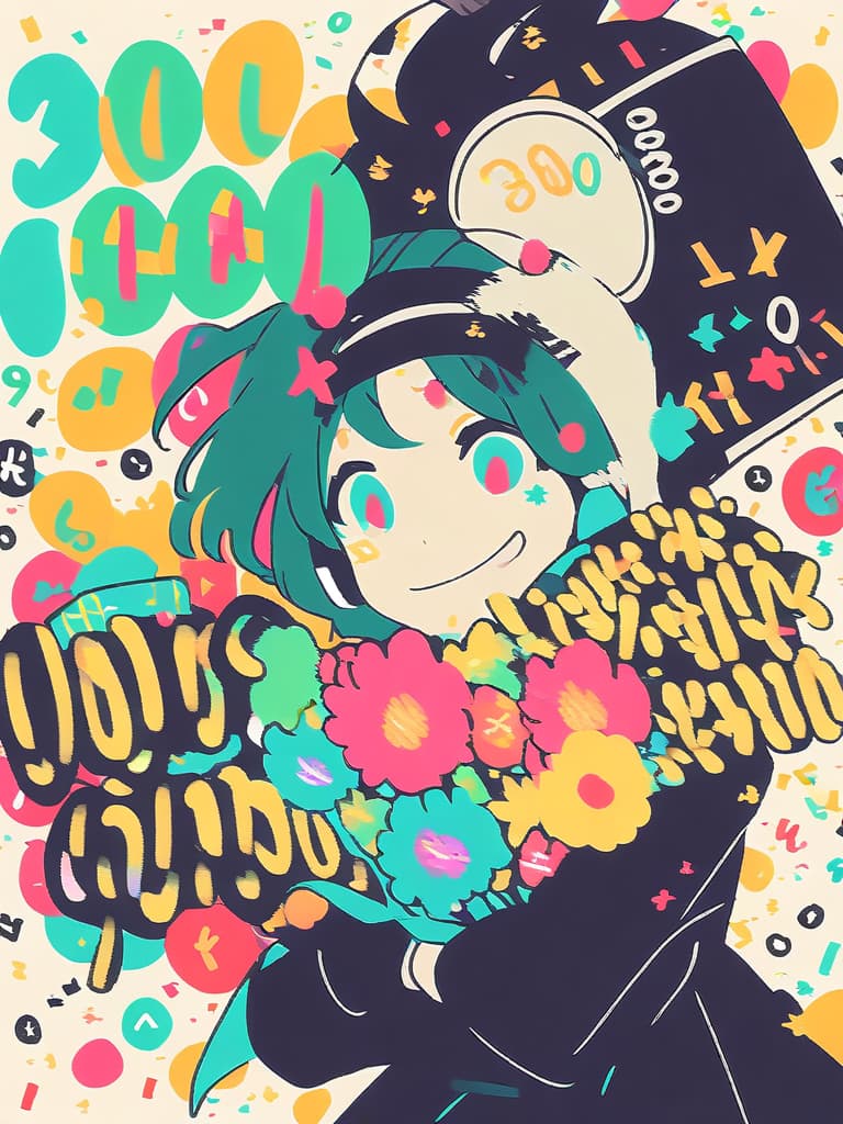  a girl with short green hair is laughing and crying loudly while holding a colorful bouquet of flowers,wearing headphones,and wearing a black sailor uniform with a red ribbon,with the number (((3000:1.8))) and the words ((("thank you":1.8))) displayed in large letters,grunge splats,flat color