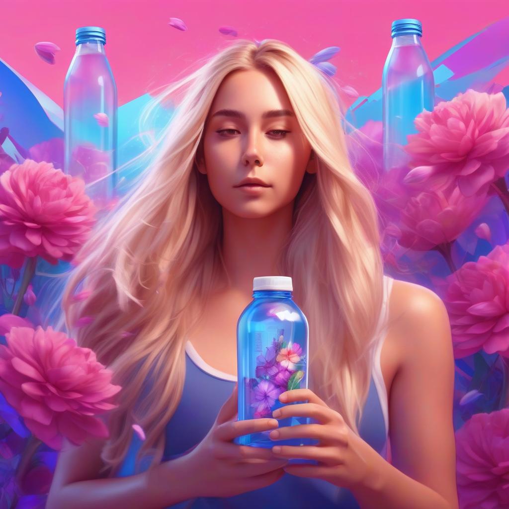  art of fantasy sporty girl with flowers inside her head like her thoughts and growing from her long very thick blondy hair, hair fluttering in the wind realistic with bottle of water in her hands pink and blue and purple colors on the background cartoon style 3d, hq, 4k for modern mobile app