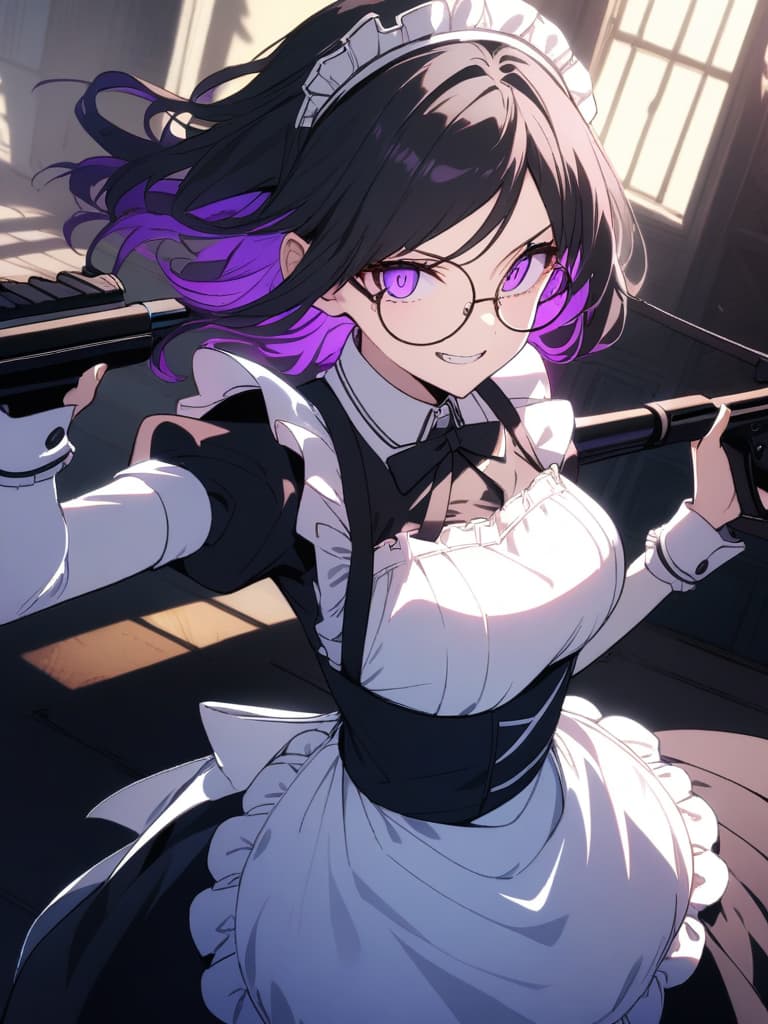  ((maid,maid outfit,black hair,glasses,round glasses,fearless smile,double teeth,grinning,combat maid,holds a sniper,purple inner color,purple eyes,beautiful,cool,beautiful girl))、ultra detailed,best shadow,cute and beautiful face,(masterpiece:1.2),(best quality:1.2),detailed background,high contrast,(best illumination,an extremely delicate and beautiful),((cinematic light)),hyper detail,dramatic light,intricate details,8k,anime,very aesthetic