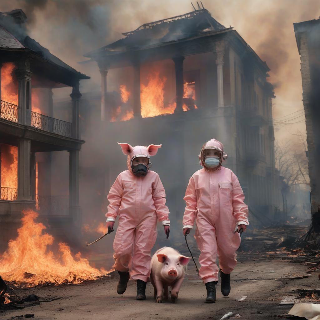  there is a pig around, mansions are burning, two girls in protective suits are walking