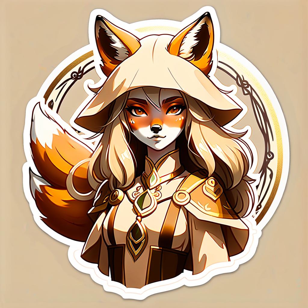  perfect world, druid, fox, girl, beige tones, gold, sticker