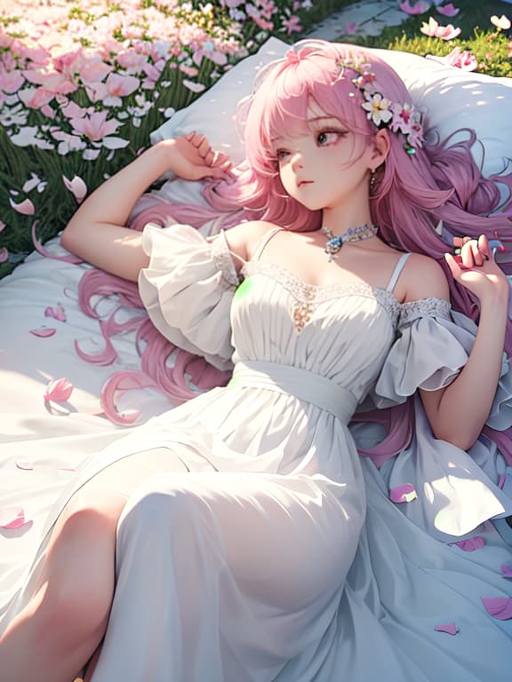  master piece, best quality, ultra detailed, highres, 4k.8k, beautiful girl in a white dress, lying down among a bed of flowers, gazing at the falling petals, serene and content, break a girl in a dreamy and idyllic setting, flower field with a unicorn nearby, flower petals, a bouquet of flowers, and a flowing white dress, break enchanting and ethereal, soft lighting, pastel colors, and swirling flower petals, cyberpunkai