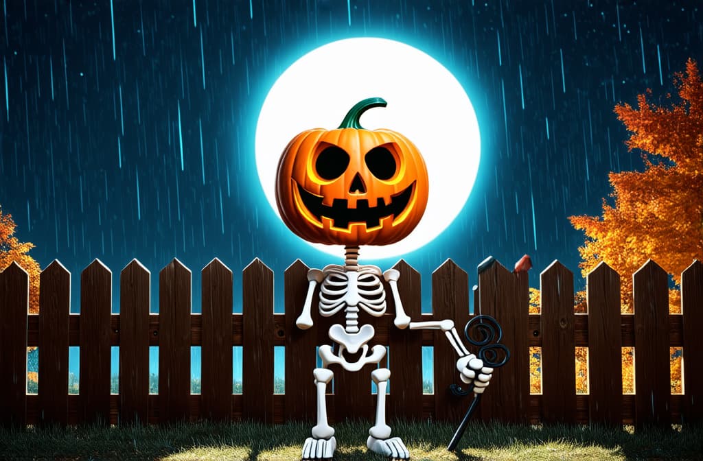  professional detailed photography, cute 3d skeleton with a big pumpkin skull, black eyes, stands near a slanted wooden fence with a black air swirler in his hand. mystically. rainy autumn night with a full moon ar 3:2, (muted colors, dim colors, soothing tones), (vsco:0.3)