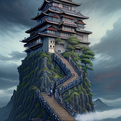  landscape, in the distance, a japanese castle to which 6 narrow stairs lead from different sides, which stands on a clockwork mechanism, everywhere clouds, steam, cloudy weather, steampunk, blue sky, dark , creepy , blood , monsters , by jason engle , carlos huante , charlie bowater , simon lee , brom