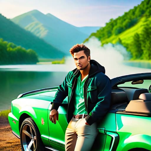  A young good looking man sitting on the drivers side of a 2003 Ford Mustang with door open drinking Mountain Dew soda as he rested from a long journey across country at a rural area facing a lake hyperrealistic, full body, detailed clothing, highly detailed, cinematic lighting, stunningly beautiful, intricate, sharp focus, f/1. 8, 85mm, (centered image composition), (professionally color graded), ((bright soft diffused light)), volumetric fog, trending on instagram, trending on tumblr, HDR 4K, 8K