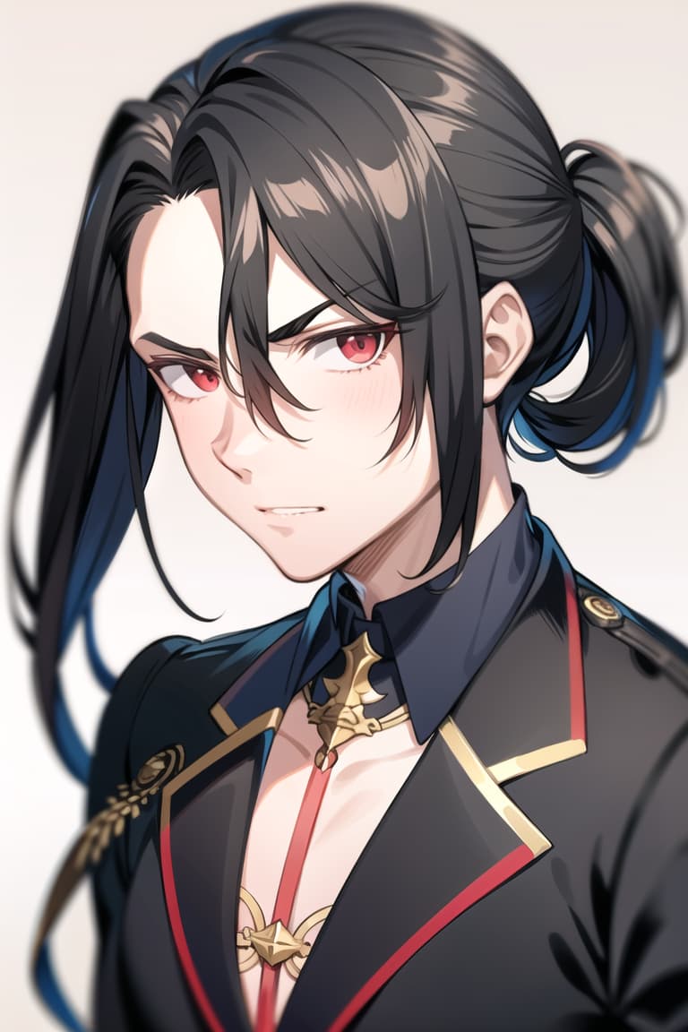  master piece , best quality,image/the character "felix" from the game fire emblem three houses.he is man. his hairstyle is a short black ponytail. he has red, slanted eyes. he has a furrowed brow, which makes him look a bit intimidating. he has his hair tied up high. he has wrinkles under his eyes.