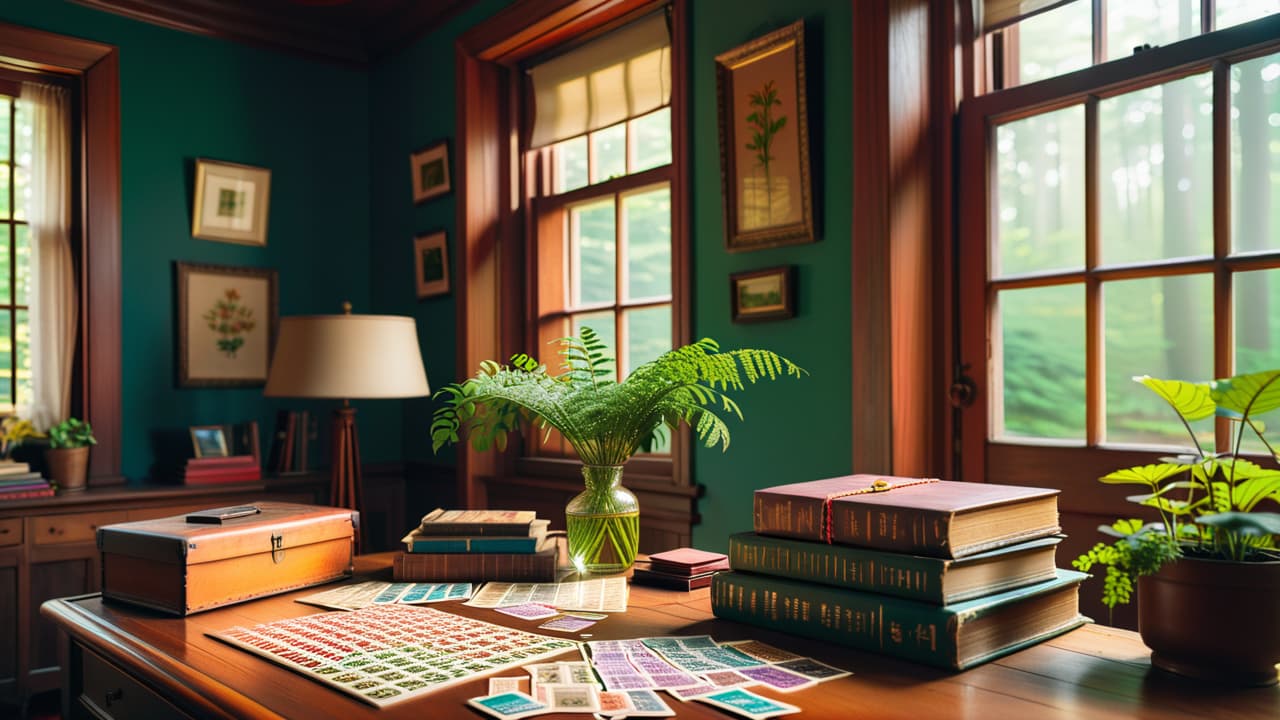  a cozy room filled with colorful stamp albums, a magnifying glass, and diverse stamps scattered on a wooden table, with a window showing sunlight filtering through lush greenery outside, evoking nostalgia and hobbyist joy. hyperrealistic, full body, detailed clothing, highly detailed, cinematic lighting, stunningly beautiful, intricate, sharp focus, f/1. 8, 85mm, (centered image composition), (professionally color graded), ((bright soft diffused light)), volumetric fog, trending on instagram, trending on tumblr, HDR 4K, 8K