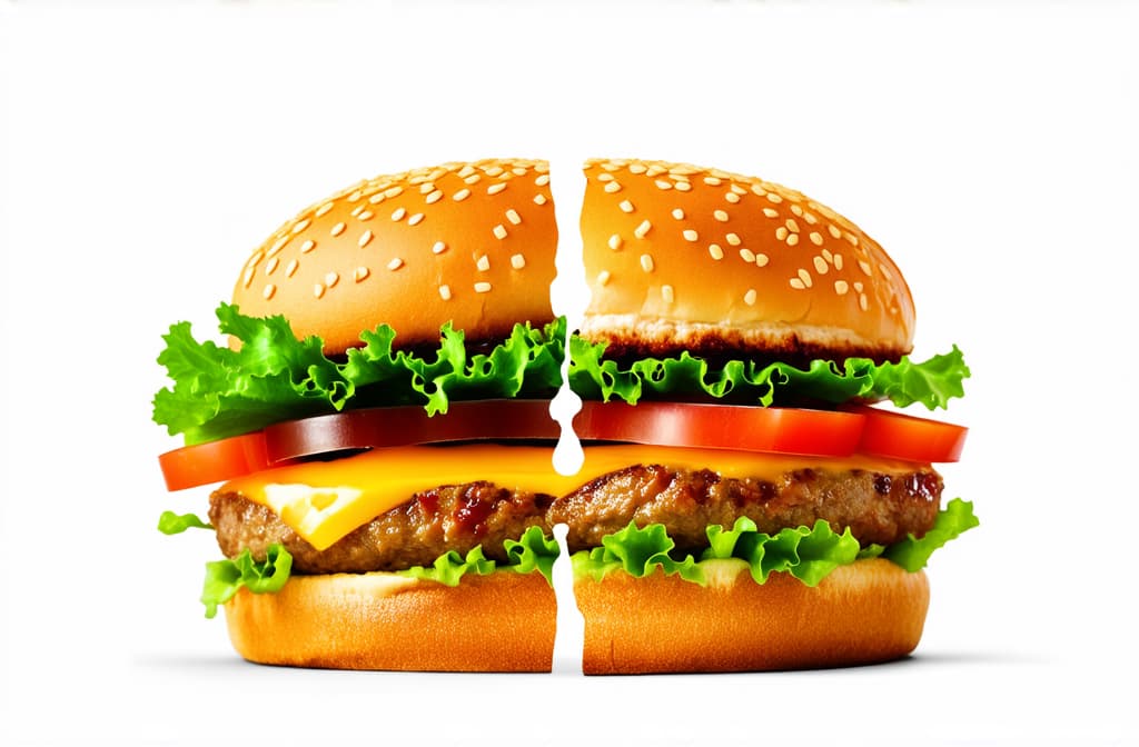  burger side view split in half, on the left is a standard burger, on the right is a healthy vegetarian one, on an isolated white background ar 3:2 {prompt}, maximum details