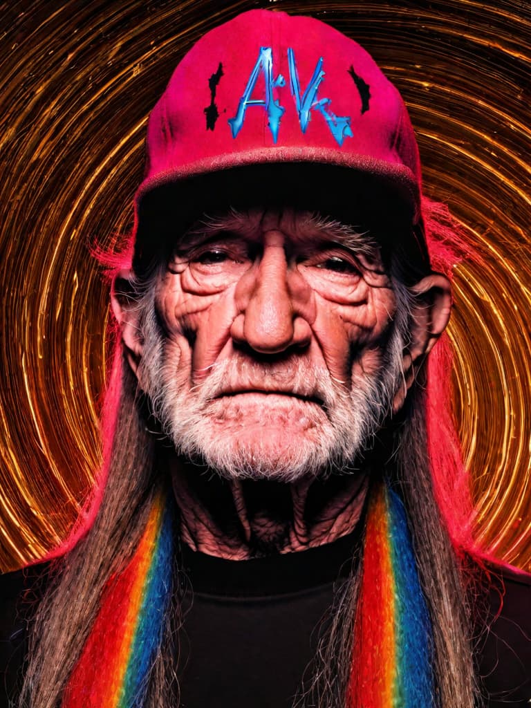  Singer Willie Nelson, medium shot, upper body, spotlight, long exposure lighting, street art style spray paint, glamour lighting