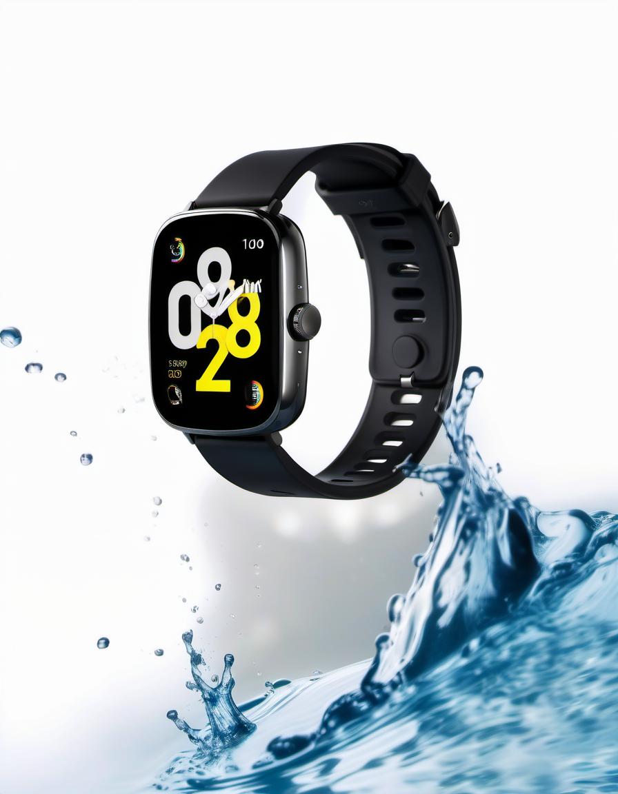  smart watch, around water splash, light background, film photography style