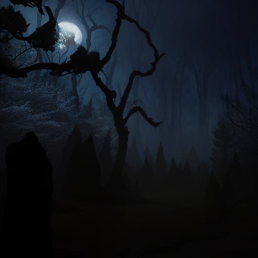  A dense scary forest with a blue gathering of the moon hyperrealistic, full body, detailed clothing, highly detailed, cinematic lighting, stunningly beautiful, intricate, sharp focus, f/1. 8, 85mm, (centered image composition), (professionally color graded), ((bright soft diffused light)), volumetric fog, trending on instagram, trending on tumblr, HDR 4K, 8K