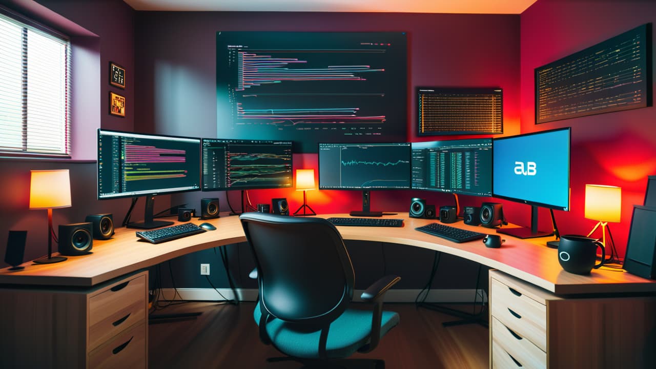  a sleek workspace featuring multiple computer screens displaying lines of code in various programming languages like python, javascript, and ruby. include coffee cups, notebooks, and api related diagrams scattered around for a creative ambiance. hyperrealistic, full body, detailed clothing, highly detailed, cinematic lighting, stunningly beautiful, intricate, sharp focus, f/1. 8, 85mm, (centered image composition), (professionally color graded), ((bright soft diffused light)), volumetric fog, trending on instagram, trending on tumblr, HDR 4K, 8K