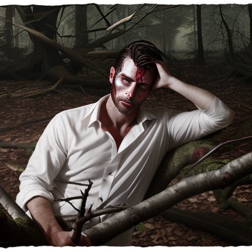  wounded handsome man in a white shirt lies in the forest among fallen trees, the eye is pierced by a branch, expires with red liquid