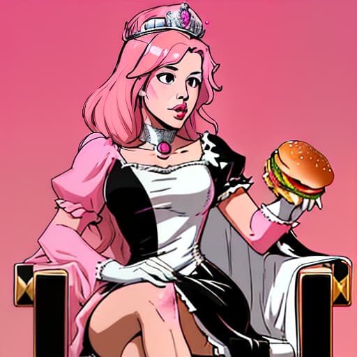  color pink, white, black, on a chic throne sits the queen of england elizoveta ii, her crown of burgerking, pink beautiful dress, in her hands she holds an incredibly juicy burger, next to her sit corgis