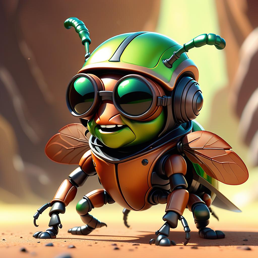  cute cartoon insect beetle character with a green body, big expressive eyes and a smile on his lips. on his head he has a huge brown helmet with goggles, giving him an adventurous look. the insect beetle stands confidently holding a blaster, he has graceful wings and long tendrils. the background is simple and bright inside the starship to emphasize the charm of the funny character with the weapon.