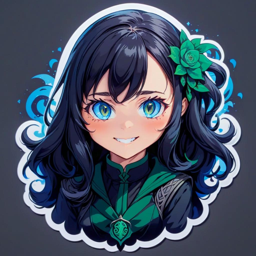  anime artwork girl, long black hair, blue eyes, shape of slytherin. smile, sticker . anime style, key visual, vibrant, studio anime, highly detailed, sticker