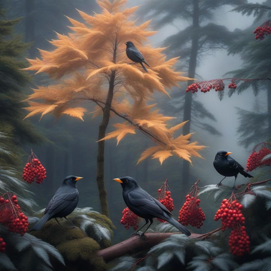  Blackbirds on the mountain ash hyperrealistic, full body, detailed clothing, highly detailed, cinematic lighting, stunningly beautiful, intricate, sharp focus, f/1. 8, 85mm, (centered image composition), (professionally color graded), ((bright soft diffused light)), volumetric fog, trending on instagram, trending on tumblr, HDR 4K, 8K