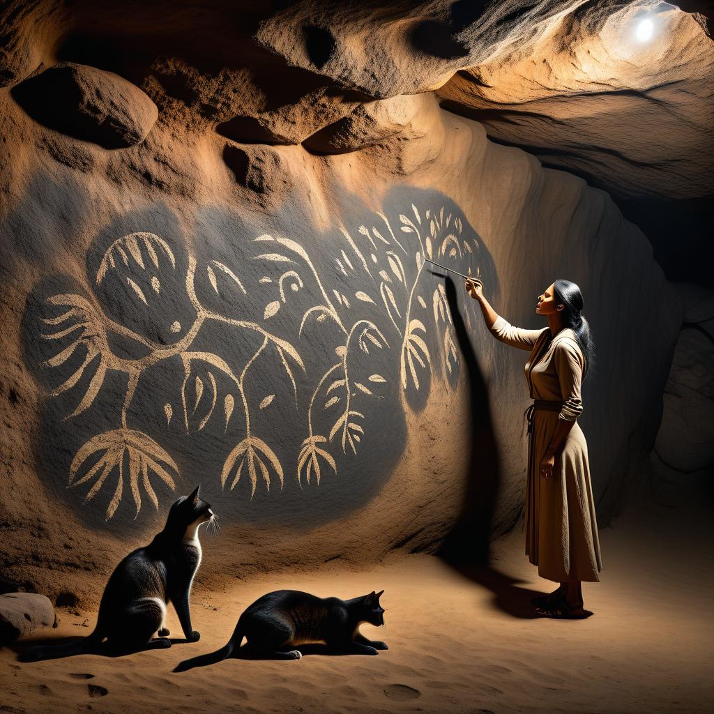  prehistoric cave painting, sketch on the cave wall, drawn with black charcoal, primitive style, schematic vector image, prehistoric woman feeding a wild cat, against the background of handprints and cat paws, civitai hyperrealistic, full body, detailed clothing, highly detailed, cinematic lighting, stunningly beautiful, intricate, sharp focus, f/1. 8, 85mm, (centered image composition), (professionally color graded), ((bright soft diffused light)), volumetric fog, trending on instagram, trending on tumblr, HDR 4K, 8K