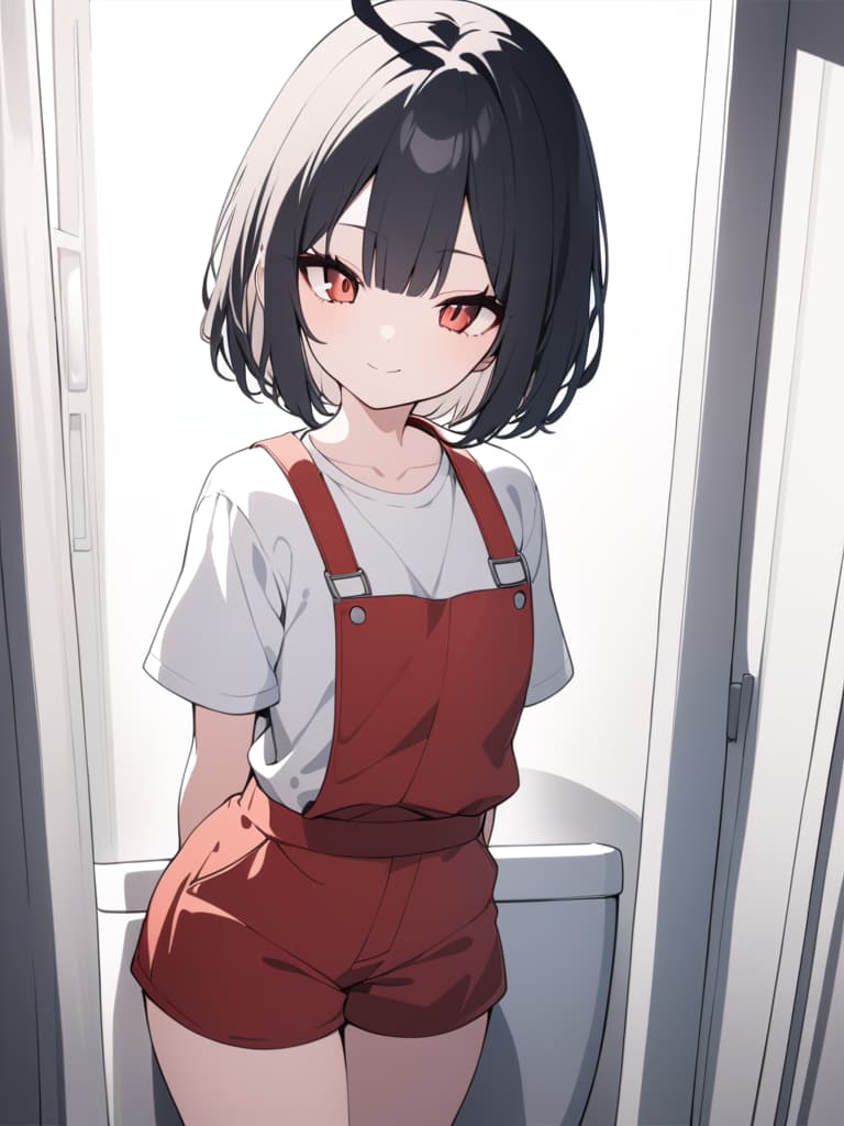  ((toilet,hanako of the toilet,beautiful,beautiful ,bob haircut: 1.5,straight bangs,straight cut hair)),((white shirt,short sleeve shirt,pale face,red eyes,fearless smile,hands crossed behind back,toilet wall,elementary toilet,red ,red overall : 1.5,: 1.5))、ultra detailed,best shadow,cute and beautiful face,(masterpiece:1.2),(best quality:1.2),detailed background,high contrast,(best illumination,an extremely delicate and beautiful),((cinematic light)),hyper detail,dramatic light,intricate details,8k,anime,very aesthetic、((black hair,,))