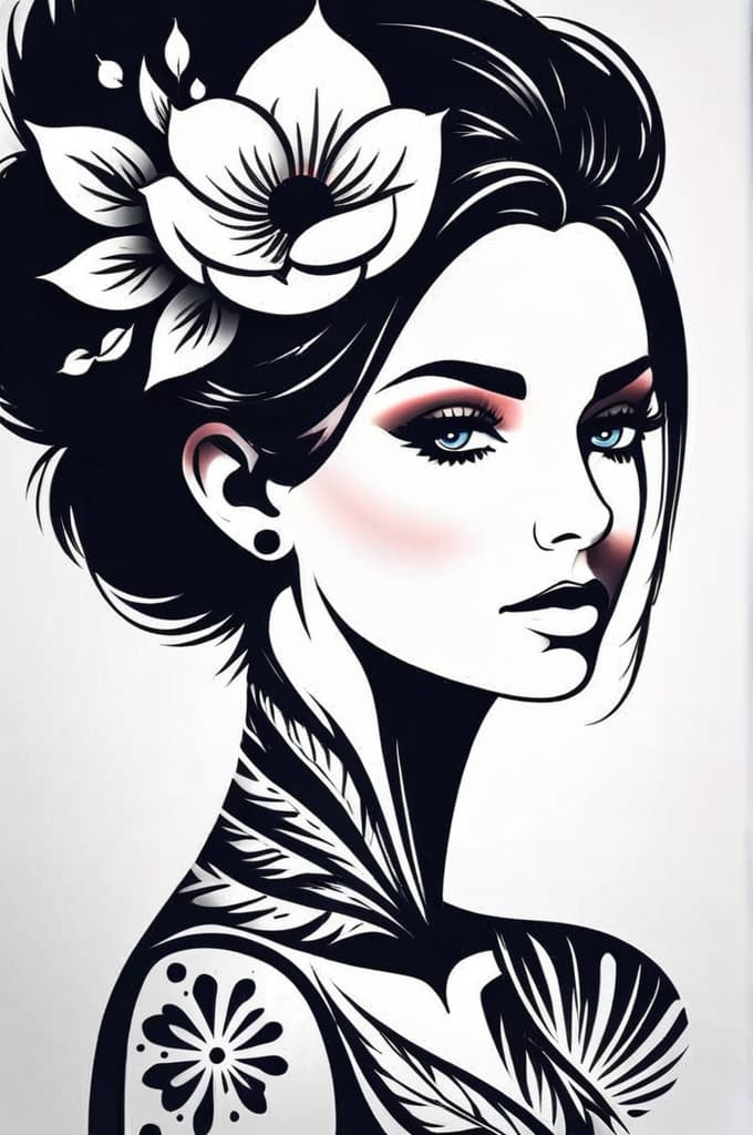  geometrical flowers woman face , (tattoo:1.15), black and white style, hq, hightly detailed, 4k