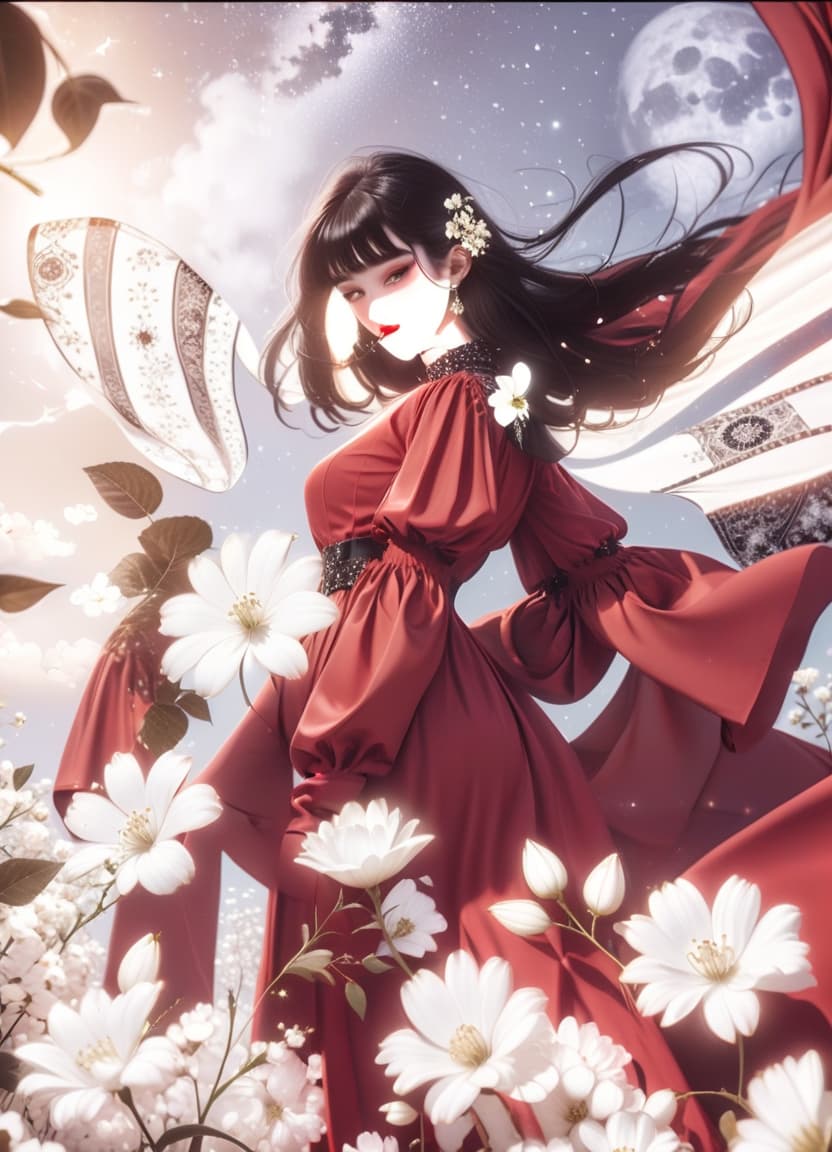  fashion editorial style a girl in a red dress, in the foreground white flowers, black hair, a large bust, white sleeves with a pattern, against a starry sky. . high fashion, trendy, stylish, editorial, magazine style, professional, highly detailed, perfecteyes, civitai, glowneon