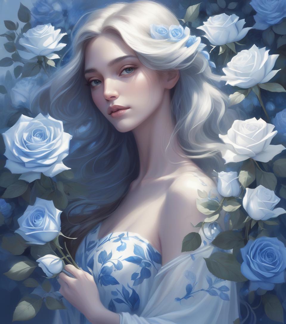  concept art a serene woman with flowing hair is depicted holding blue and white roses. she is surrounded by soft light and delicate leaves, creating a captivating portrait that embodies grace and beauty. . digital artwork, illustrative, painterly, matte painting, highly detailed