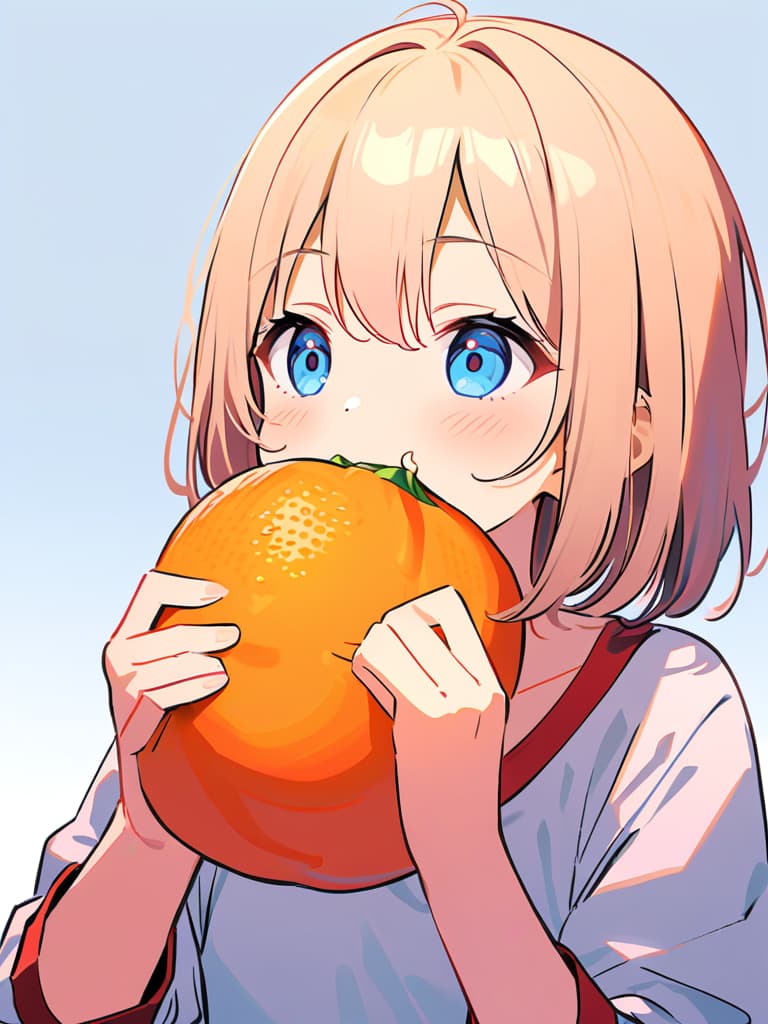  (eating orange🍊:1.5)masterpiece,((eating orange:1.2))solo,(blue eyes:1.5)),simple background,shirt,alone,long sleeve,original,((holding peeled orange:2.0)),sitting,blond hair,white shirt,male focus,food,grey background,eating,foodholding,orange,(upper body only:1.2),high quality,8k,super analysis