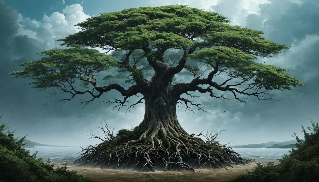  （surrealism)a single, strong tree standing tall, with roots deeply embedded, surrounded by smaller, wavering saplings, stability, resilience mystic, intricate details, best quality)