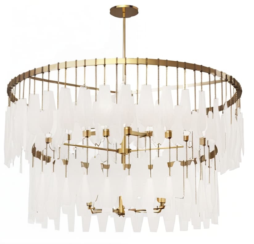  modern style large chandelier with brown feather hanging glass pieces and a golden body.