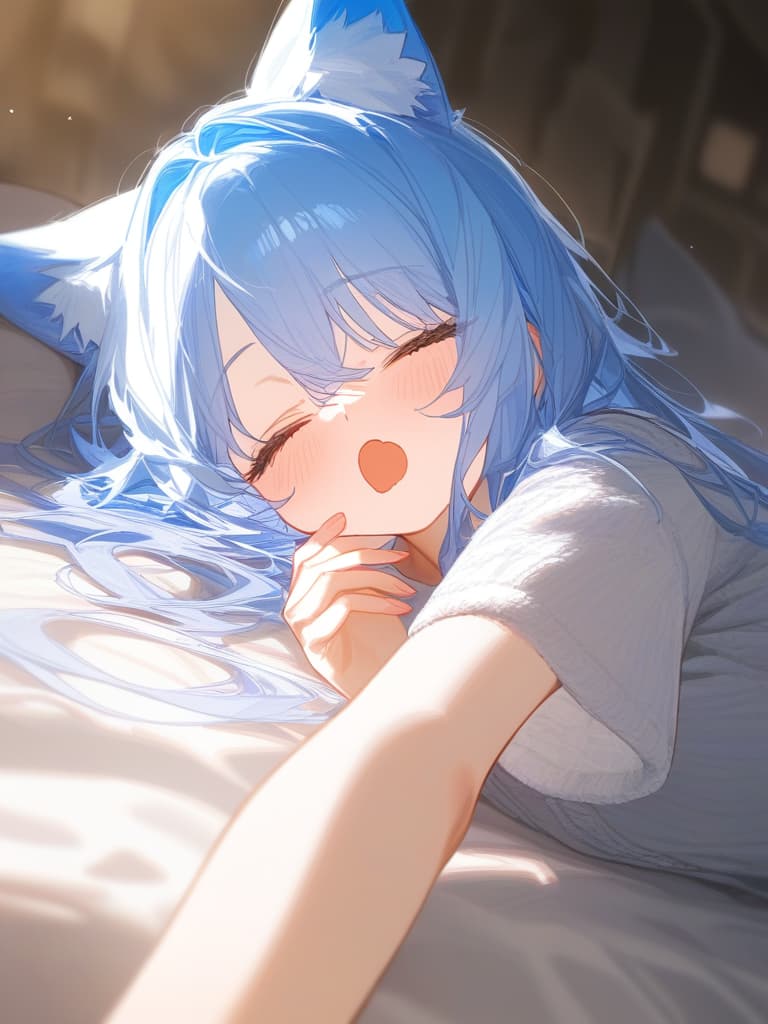  girls, yawning 🥱, wolf ears, sleepy, loungewear, light blue hair, masterpiece, best quality,8k,ultra detailed,high resolution,an extremely delicate and beautiful,hyper detail