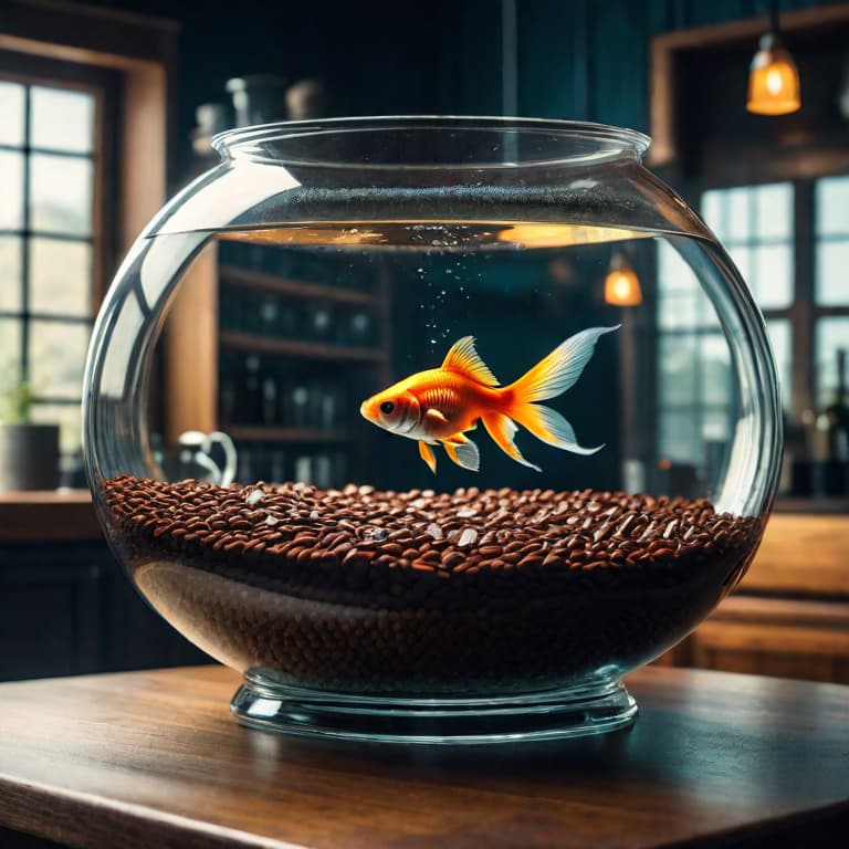  art by james r. eads, a goldfish in a bowl on a kitchen table with a bar of chocolate next to it hyperrealistic, full body, detailed clothing, highly detailed, cinematic lighting, stunningly beautiful, intricate, sharp focus, f/1. 8, 85mm, (centered image composition), (professionally color graded), ((bright soft diffused light)), volumetric fog, trending on instagram, trending on tumblr, HDR 4K, 8K