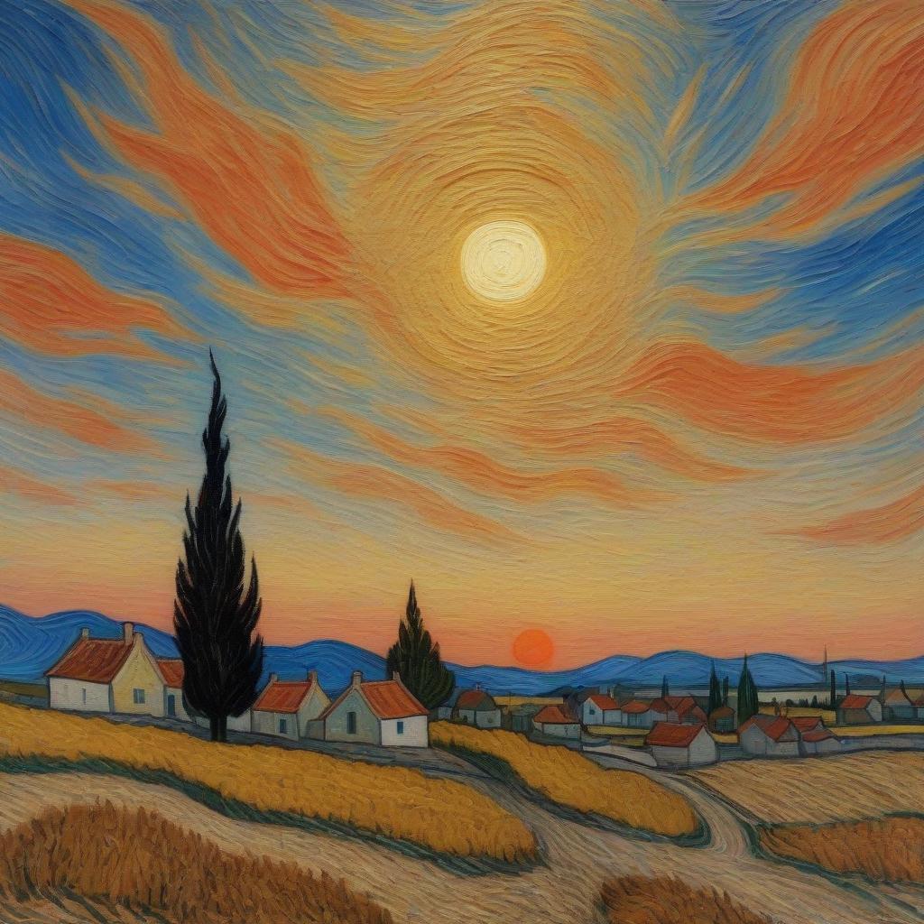  a van gogh painting.. sunset over the village. brightly. traces of old relief paint.