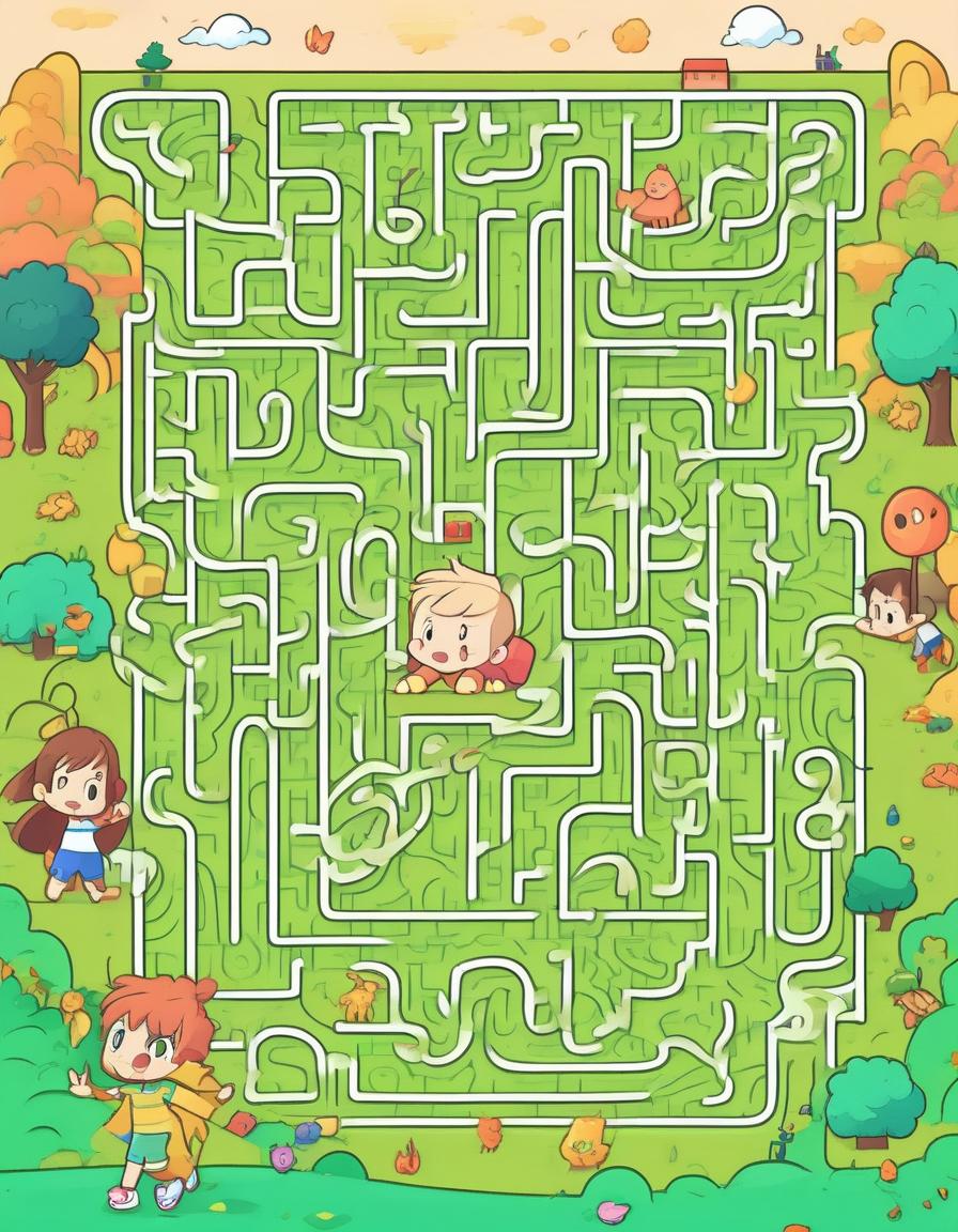  children's maze, anime, cartoon style, flat style, bright colors, thin contours, pure colors