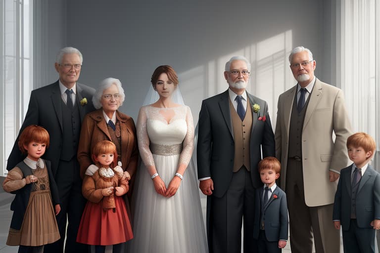  a picture of a family of 12: grandma, grandpa, mom, dad, their two children (son and daughter). the daughter has a husband and two children, his son has a wife and two children. photo done in 2024 hyperrealistic, full body, detailed clothing, highly detailed, cinematic lighting, stunningly beautiful, intricate, sharp focus, f/1. 8, 85mm, (centered image composition), (professionally color graded), ((bright soft diffused light)), volumetric fog, trending on instagram, trending on tumblr, HDR 4K, 8K