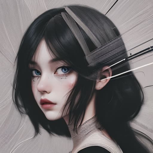  , a technique composed of lines and a youthful, abstract style, paired with dark illustrations.