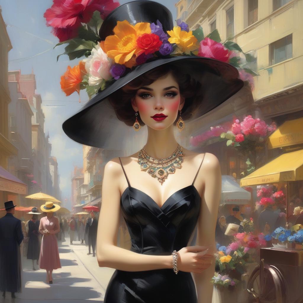  a glamorous woman in vintage attire stands in a lively street scene, showcasing a black dress adorned with intricate jewelry, complemented by a striking hat and vibrant flowers in her hair. happy beautiful woman in interesting clothing. elegant. surreal.by pino daeni, tom bagshaw, pino daeni, karol bak, michael whelan