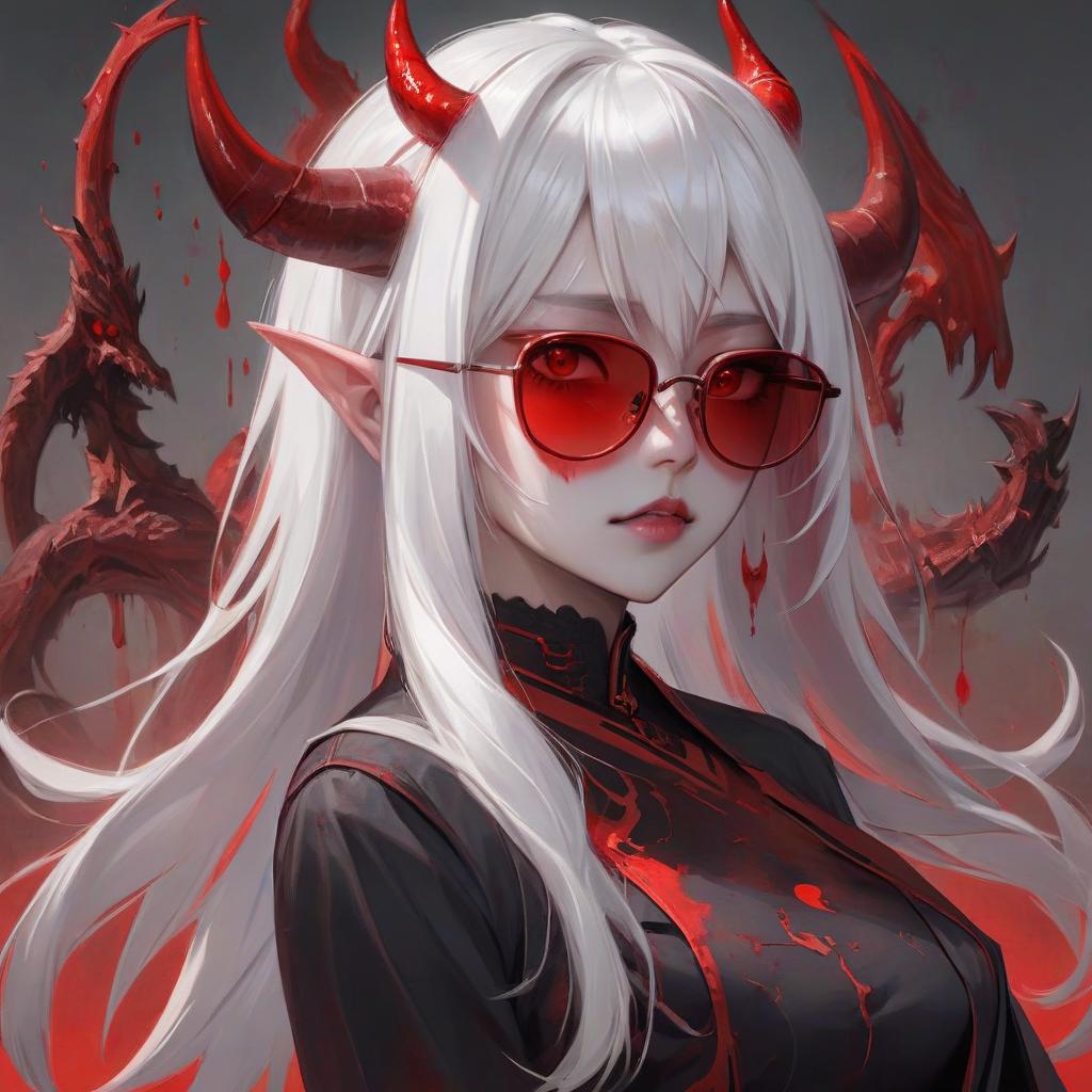  demon girl, white hair, asian, red shades, portrait, blood on the face