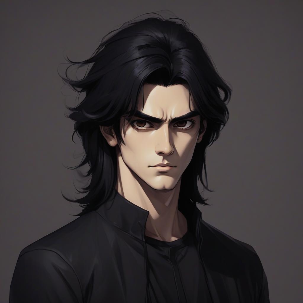  the image shows the character of a guy with long black hair and large brown eyes. he is dressed in black clothes the expression looks serious and thoughtful, which gives him character and depth. the style of the image resembles pixel or cartoon graphics, which adds an element of playfulness