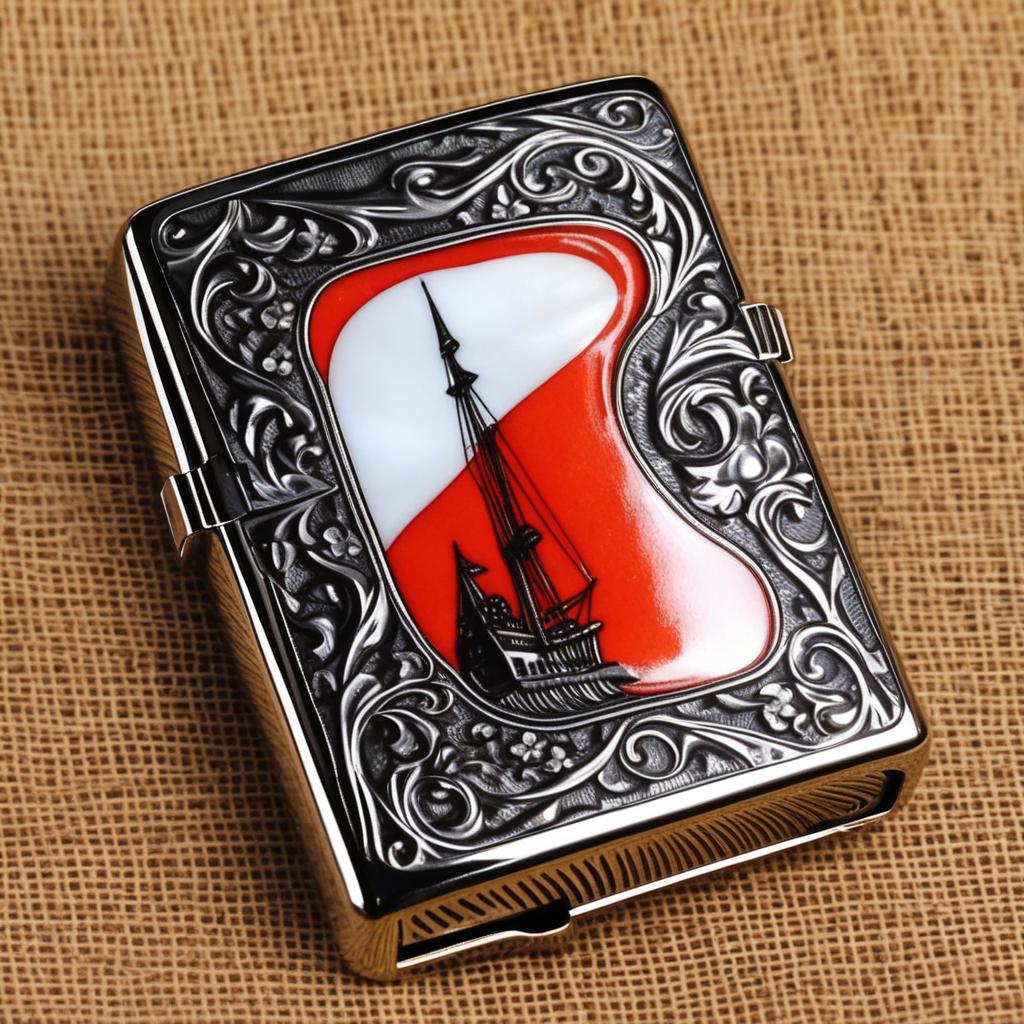  masterpiece, best quality,Draw a Zippo kerosene lighter shell decorated with figures, patterns using mother-of-pearl craft, put the lighter on the table