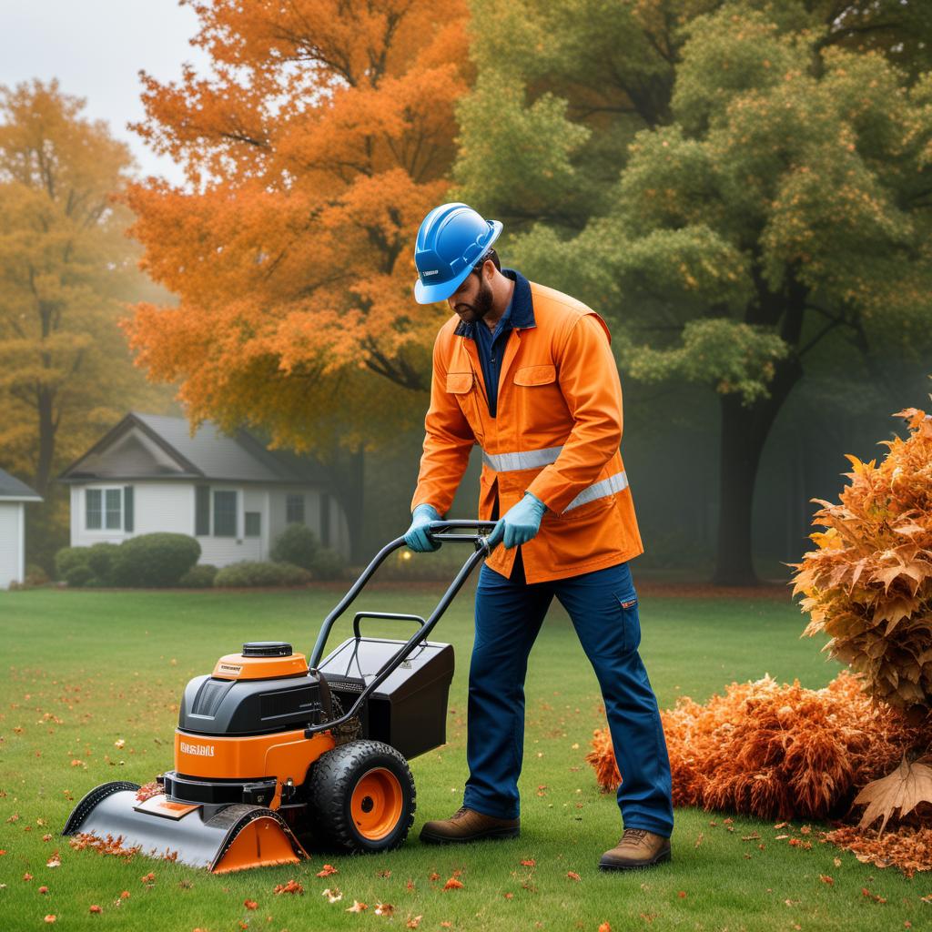  Create a Facebook post image to promote fall cleanup services. Include the text 'Fall Cleanup Services' prominently. In smaller text, add the location names: Marine City, Saint Clair, Marysville, Algonac, Clay, Ira, Port Huron, East China, and surrounding areas. Use autumn colors like orange, yellow, and brown. Include images of autumn leaves, cleaning equipment, and a professional worker doing yard work. hyperrealistic, full body, detailed clothing, highly detailed, cinematic lighting, stunningly beautiful, intricate, sharp focus, f/1. 8, 85mm, (centered image composition), (professionally color graded), ((bright soft diffused light)), volumetric fog, trending on instagram, trending on tumblr, HDR 4K, 8K