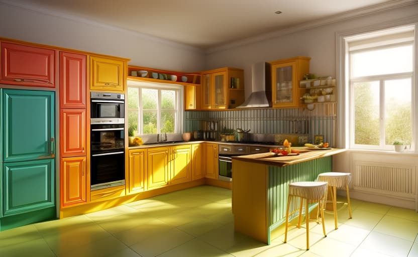  colour ful kitchen, morning light, inframe