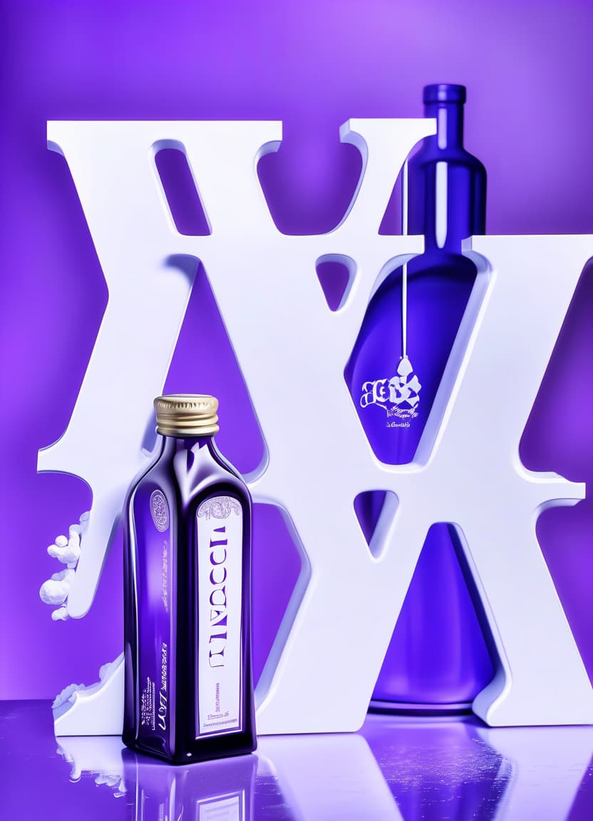  breathtaking the logo of the word "eugenia", white three dimensional letters on the background of bottles with varnish, amazing purple and white colors, a masterpiece . award winning, professional, highly detailed, hkmagic