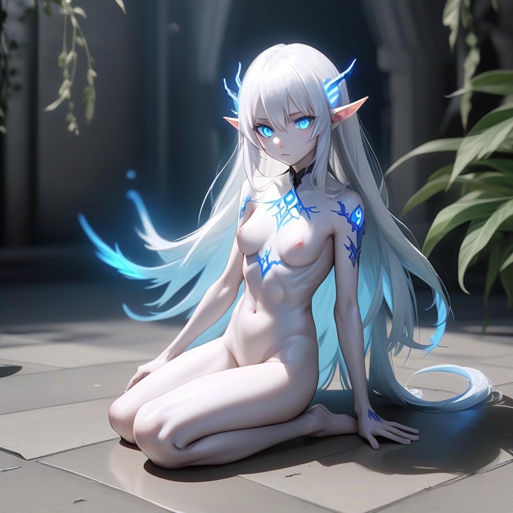   .1 (half elf, half demon), sits on the floor, body (s) is fully visible ++++ (very high detail) japanese ( + ++) s, falls to the ground, one hand rests on the ground, the second hand is stretched forward (palm open) white hair, middle ++++ +, blue eyes (luminous eyes), slender body, legs wide apart, 15 meters from the camera, high detail, relatively far behind the crowd (small) ressful (pal palm open) white hair in front, blue eyes (grey eyes, full of green) in front of the in front of 20 meters