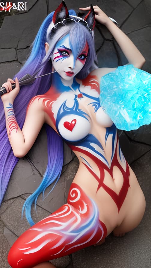  Body paint in every corner of the whole body, Blark flame pattern body paint on the right, ice pattern body paint on the left, Red and blue face paint on the face、dark elf, full body image 女性