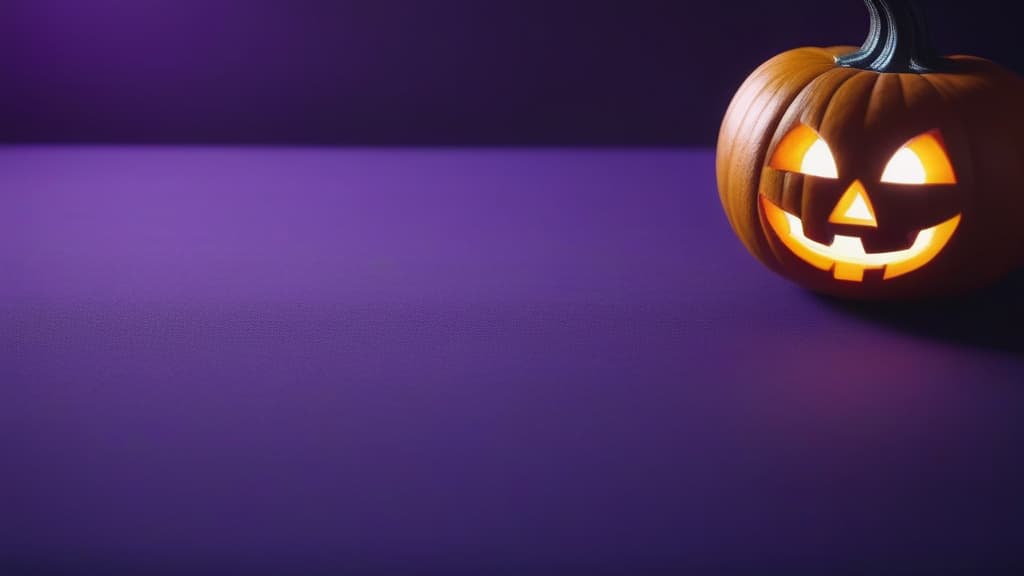  cinematic film style, banner, top view, 2/3 free space for text, on a clean purple background on the left there are Halloween pumpkin ghost in a witch's pointed hat in 3D style on a purple background ar 16:9, shallow depth of field, vignette, highly detailed, high budget Hollywood movie, bokeh, cinemascope, moody, epic, gorgeous, film grain, grainy, sun rays and shadows on furniture and surfacesб flattering light, RAW photo, photography, photorealistic, ultra detailed, depth of field, 8k resolution , detailed background, f1.4, sharpened focus, sharp focus