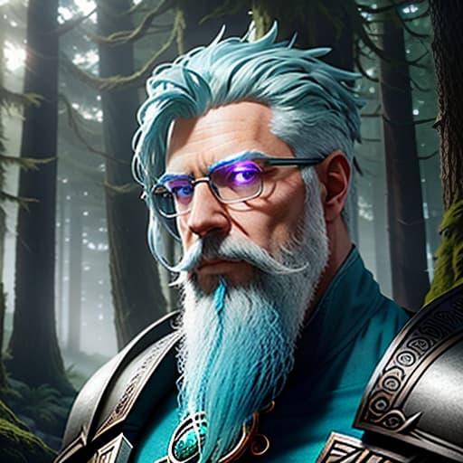  male genasi of water with pale blue hairs, pale blue beard and monocular on eye, Overland fantasy woodland map, such as a map, a font that is modern and easy to read hyperrealistic, full body, detailed clothing, highly detailed, cinematic lighting, stunningly beautiful, intricate, sharp focus, f/1. 8, 85mm, (centered image composition), (professionally color graded), ((bright soft diffused light)), volumetric fog, trending on instagram, trending on tumblr, HDR 4K, 8K