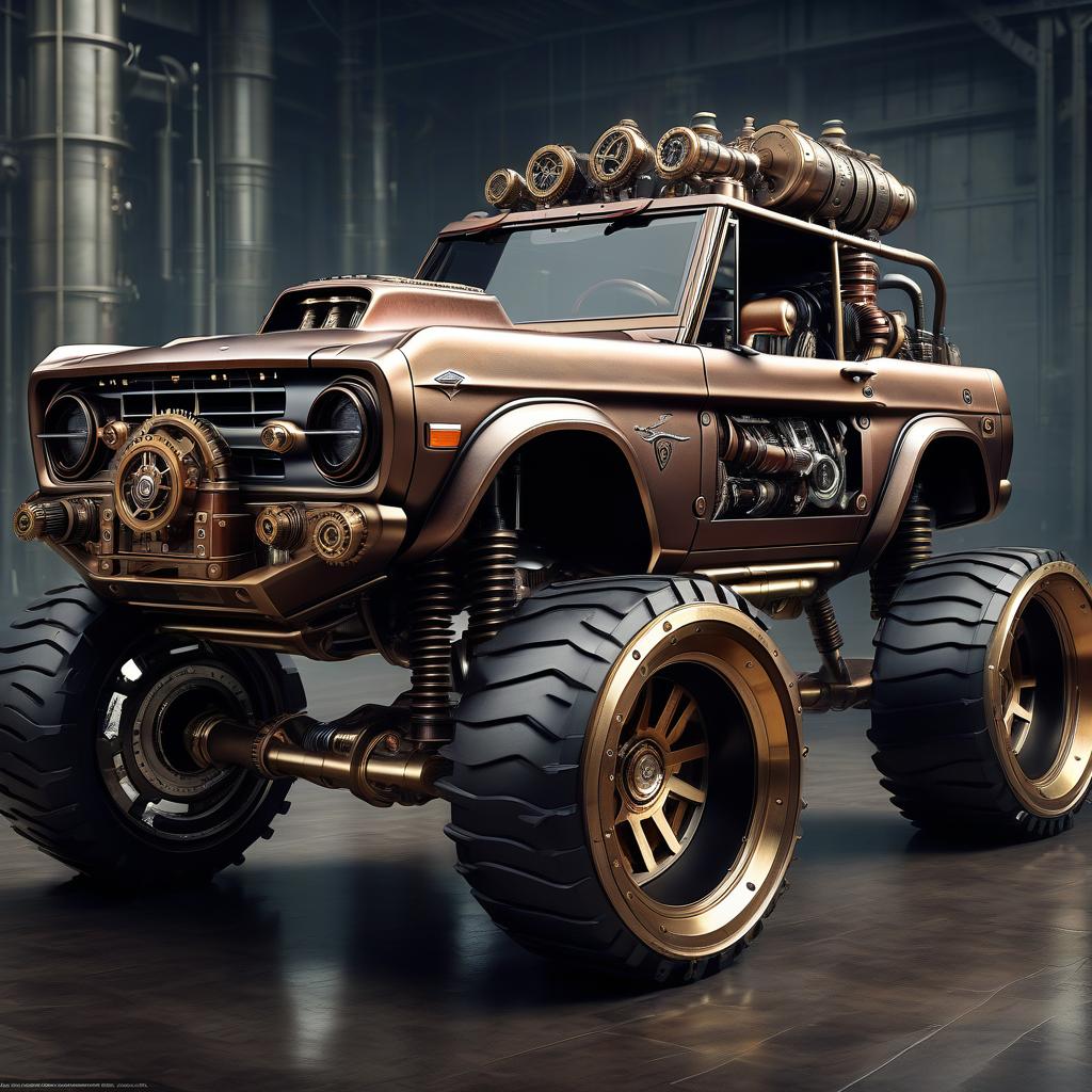  brutal ford bronco mustang in the style of steampunk, dieselpunk, steampunk