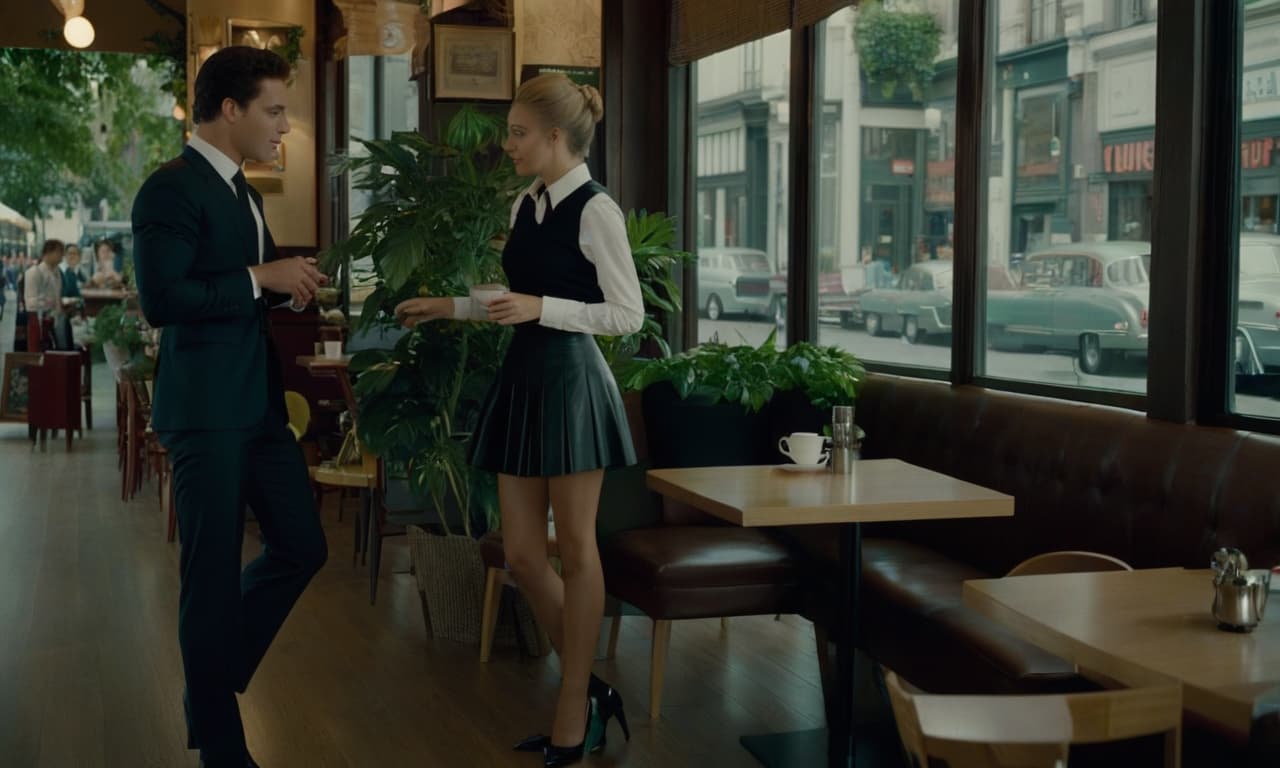  a full length young man in a suit meets a young woman in a short skirt in a cafe